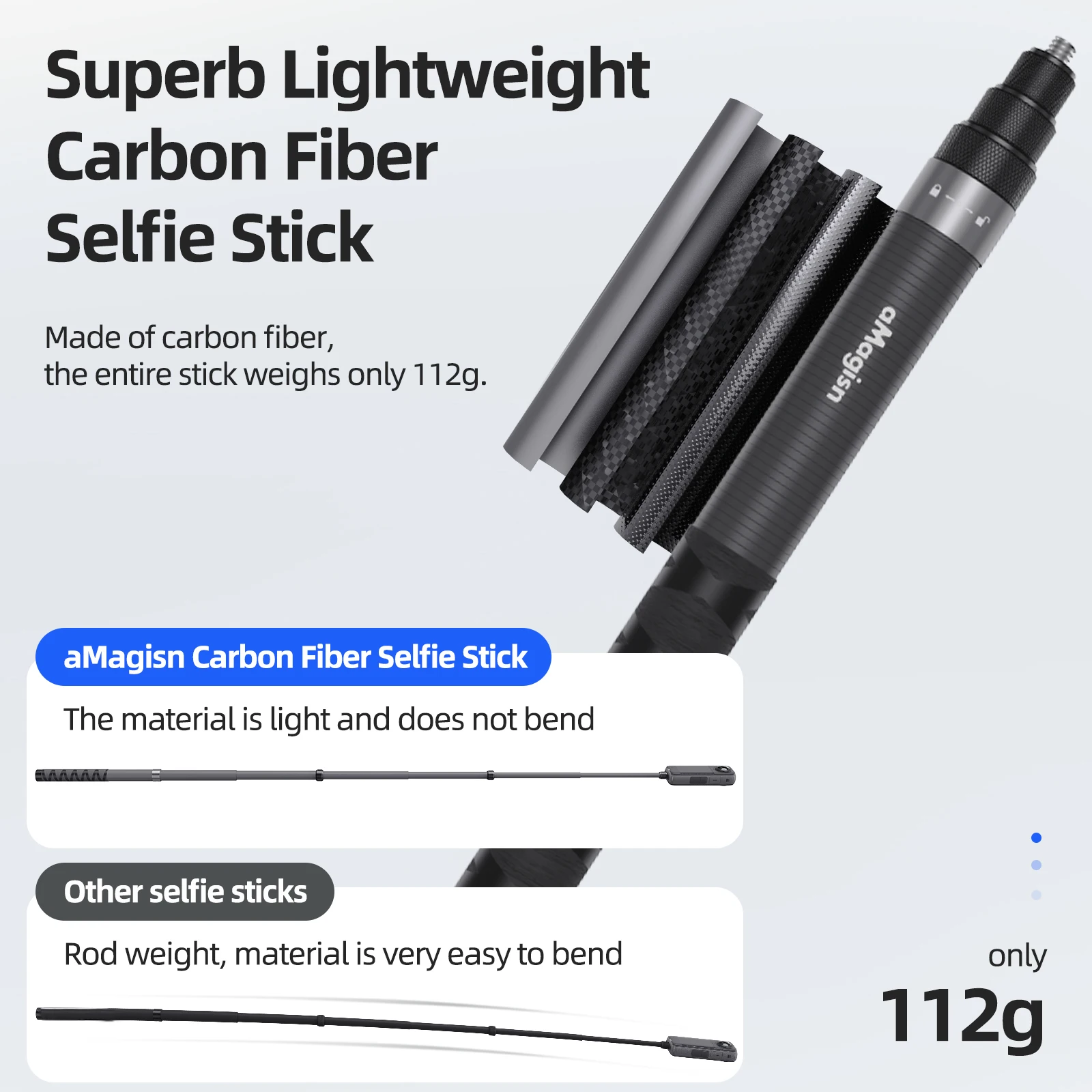 Carbon fiber 1.2m selfie stick for Insta360 and other sports cameras 2