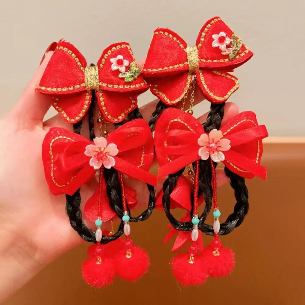 

Простые милые детские заколки для волос, милые китайские новогодние головные уборы для девочек, Цветочные заколки с кисточками и красным бантом