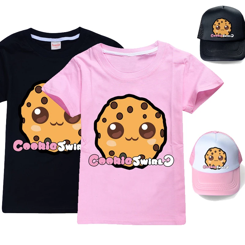 

Summer 2Pcs/Set Boys Girls Cotton COOKIE SWIRL C Short Sleeve T-Shirts Children Fashion Clothing Tops Teen Kids Clothes+Sunhat