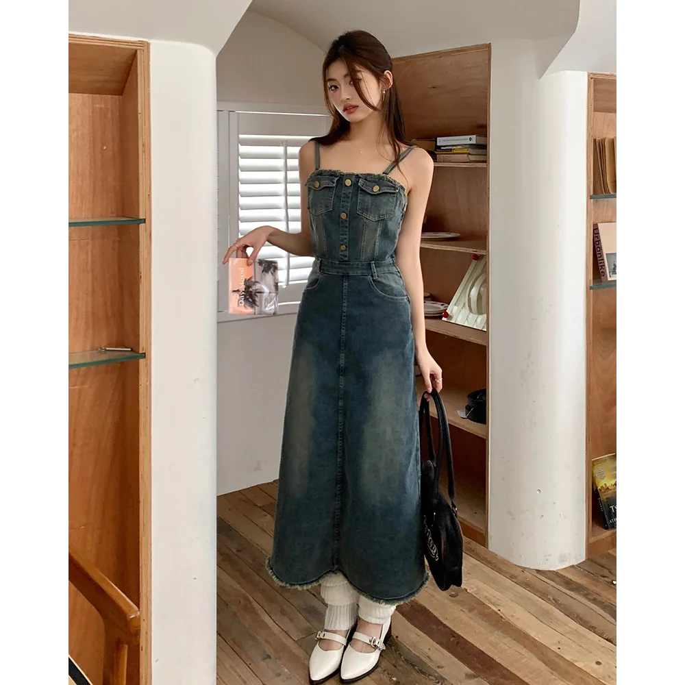 

Vintage Y2k Blue Denim Dress Women Summer Korean Fashion Button Slim Fit Bodycon Dress Sexy High Street Spaghetti Strap Dress