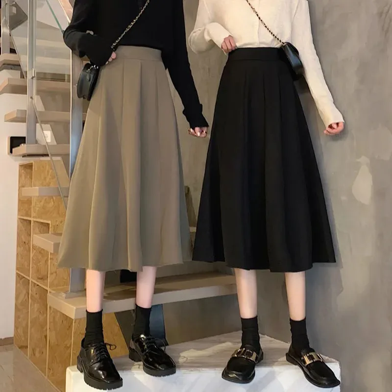 

Vintage Black Women Skirt Autumn Solid Korean High Waist All Match Midi Skirts Elegant Simple Office Lady A Line Pleated Skirts