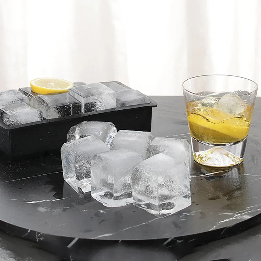 Large Ice Cube Tray with Lid Silicone Square Ice Cube Maker Ball Freezer Mold for Whiskey Cocktail Iced Coffee 4/6/8 Grids silicone ice cube tray