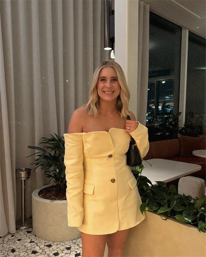 Off-shoulder Strapless Sexy Blazer Dress For Women Fashion Solid Zipper Two Pocket Long Sleeve Backless Mini Dress