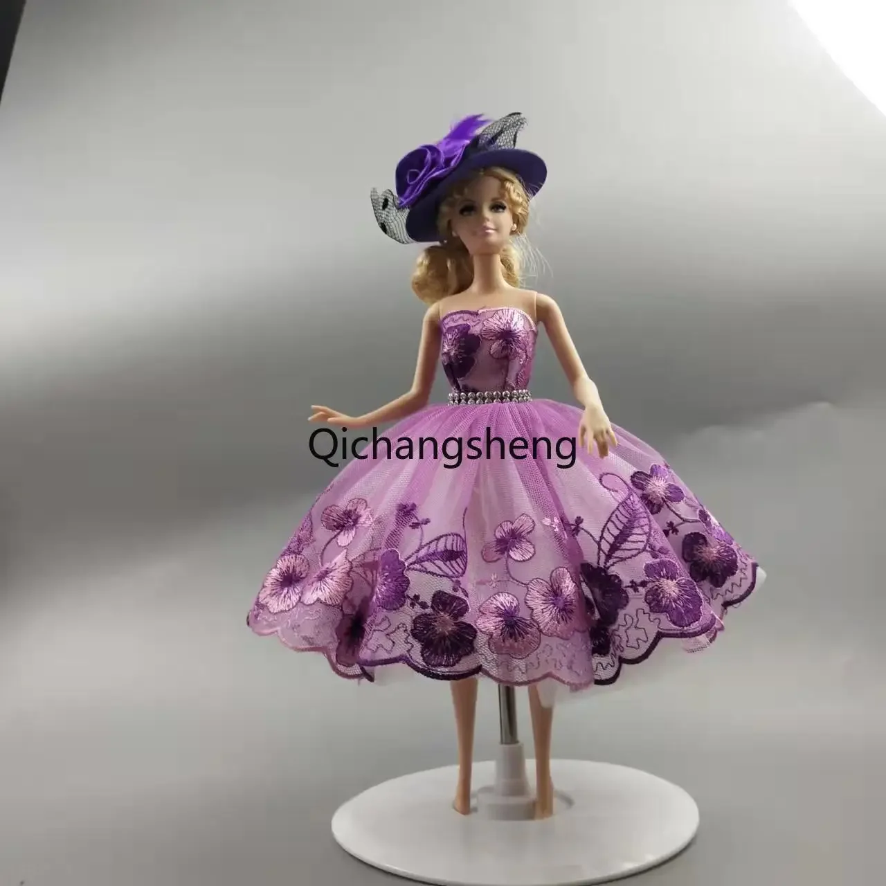 1/6 Purple Floral Off Shoulder Princess Dress For Barbie Doll Clothes Outfits 1:6 Dolls Accessories Rhinestone 3-layer Skirt Toy