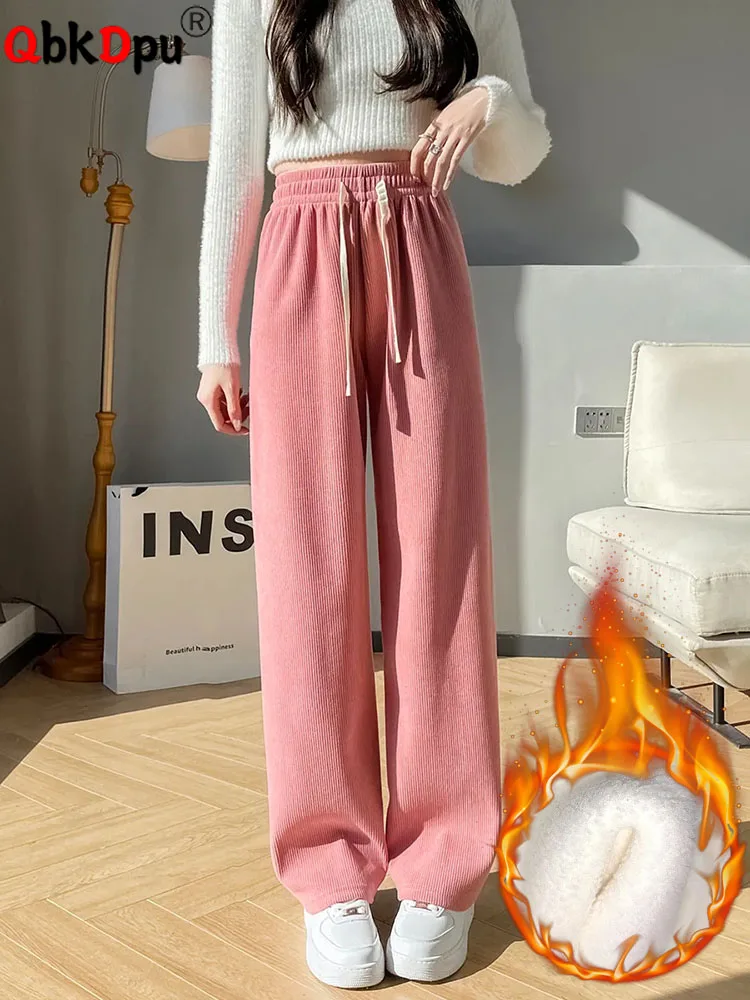 

High Wais Wide Leg Corduroy Pants Winter Thicken Plush Velvet Lined Baggy Trousers Fashion Women Casual Warm Straight Pantalones