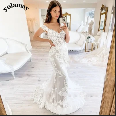 

YOLANMY Mermaid Wedding Dress For Bride Modern Cap Sleeve V-Neck Appliques Backless Ceremony Quinceanera Drop Shipping