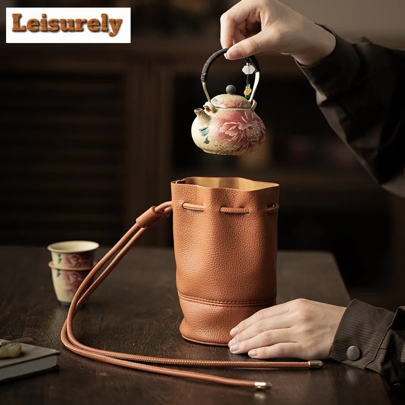 Retro Leather Drawstring Tea Cozies Boutique Camping Bag For Tea Tea Cozy For Teapot Portable Bag Travel Tea Set Bag Cafes Gifts