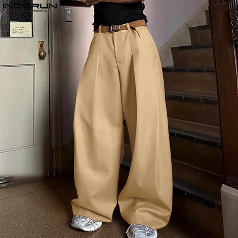 INCERUN S-5XL 남성용 캐주얼 스트레이트 팬츠, 단색, 루즈 단추 조거..