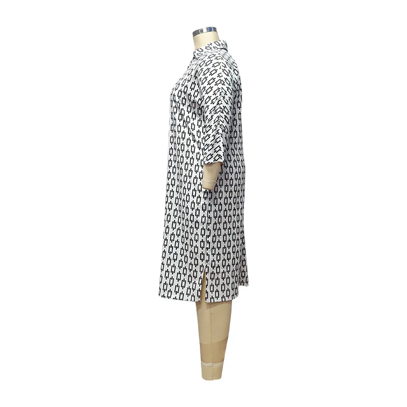 Spring Summer Clothes for Women Geometric Print Fashion Turn-down Collar Half Sleeve Loose Pockets Plus Size Casual Midi Dresses