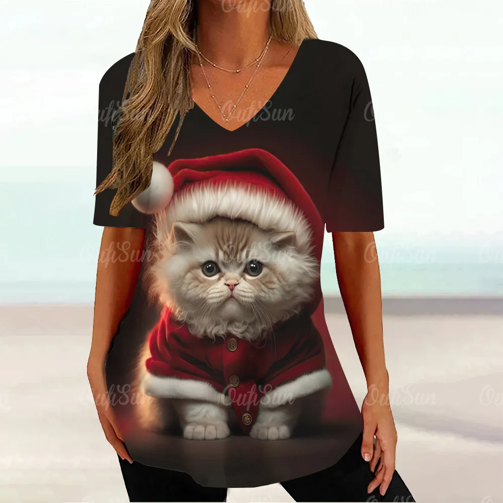 

Merry Christmas V Neck Women T-Shirts Cat Print Funny Short Sleeve Harajuku Y2k Tops Fashion Oversized Casual Female Clothes