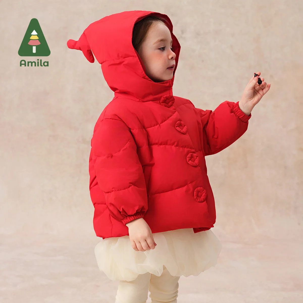 Amila Baby Down Jacket New Winter Girls Chinese Style Fishtail Design Hooded White Duck Down Warm Children's Coat