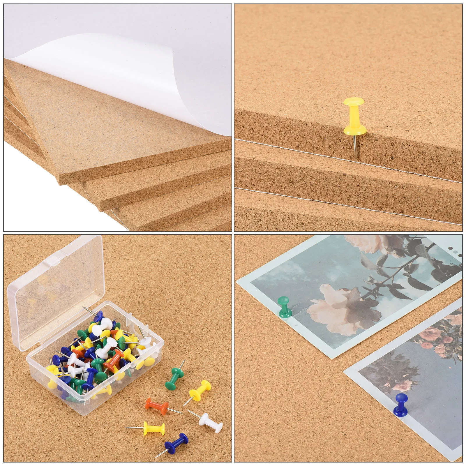 6Pc Cork Board Bulletin Board Cork Tiles 1/2" Thick Small Square Pin with Self Adhesive and 50Pc Push Pin Wood Clips