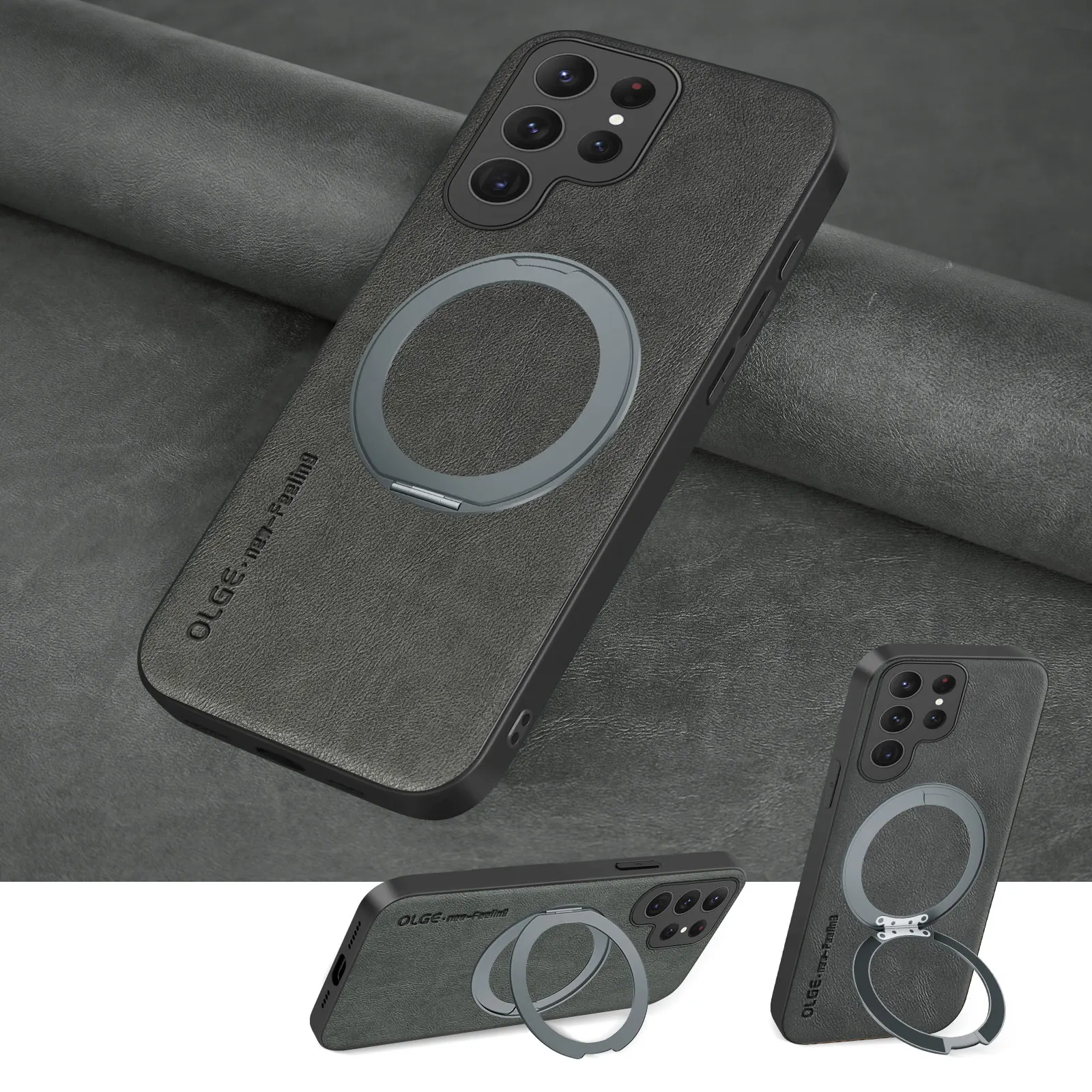 Magnetic Kickstand Leather Phone Case with Wireless Charging Compatibility