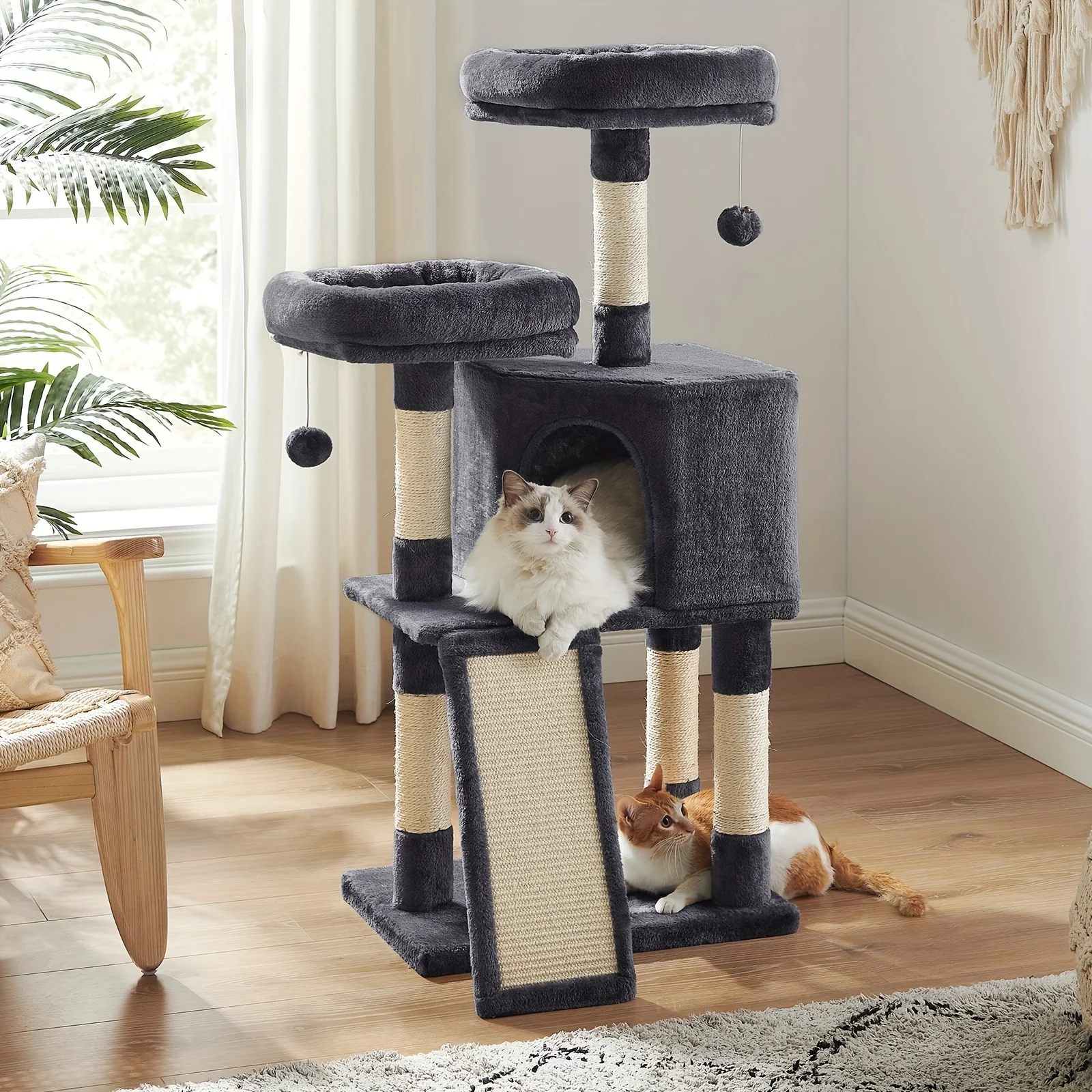 

Cat Tower, Cat Tree For Indoor Cats, 45.3-Inch Cat Condo With Scratching Post, Ramp, Perch, Spacious Cat Cave, For Kittens, Elde