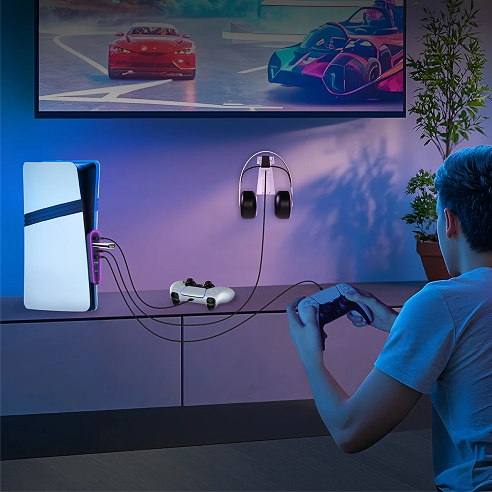 6 Ports USB Hub Charger Adapter for PlayStation 5 Pro/Slim Gaming Accessories with RGB Light USB Extender Data Transfer Extender