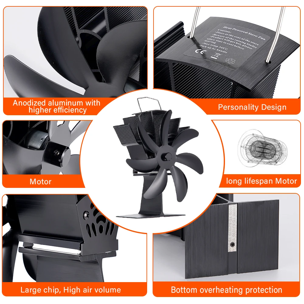 Eco-Friendly Aluminum Alloy Heat-Powered Stove Fan - 7 Blades for Quiet and Efficient Heat Distribution