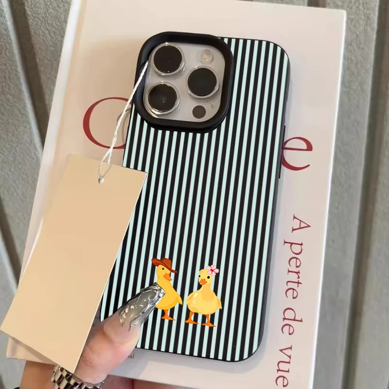 Striped Yellow Duck Pattern Lychee Texture Silicone Phone Case - Soft Cover
