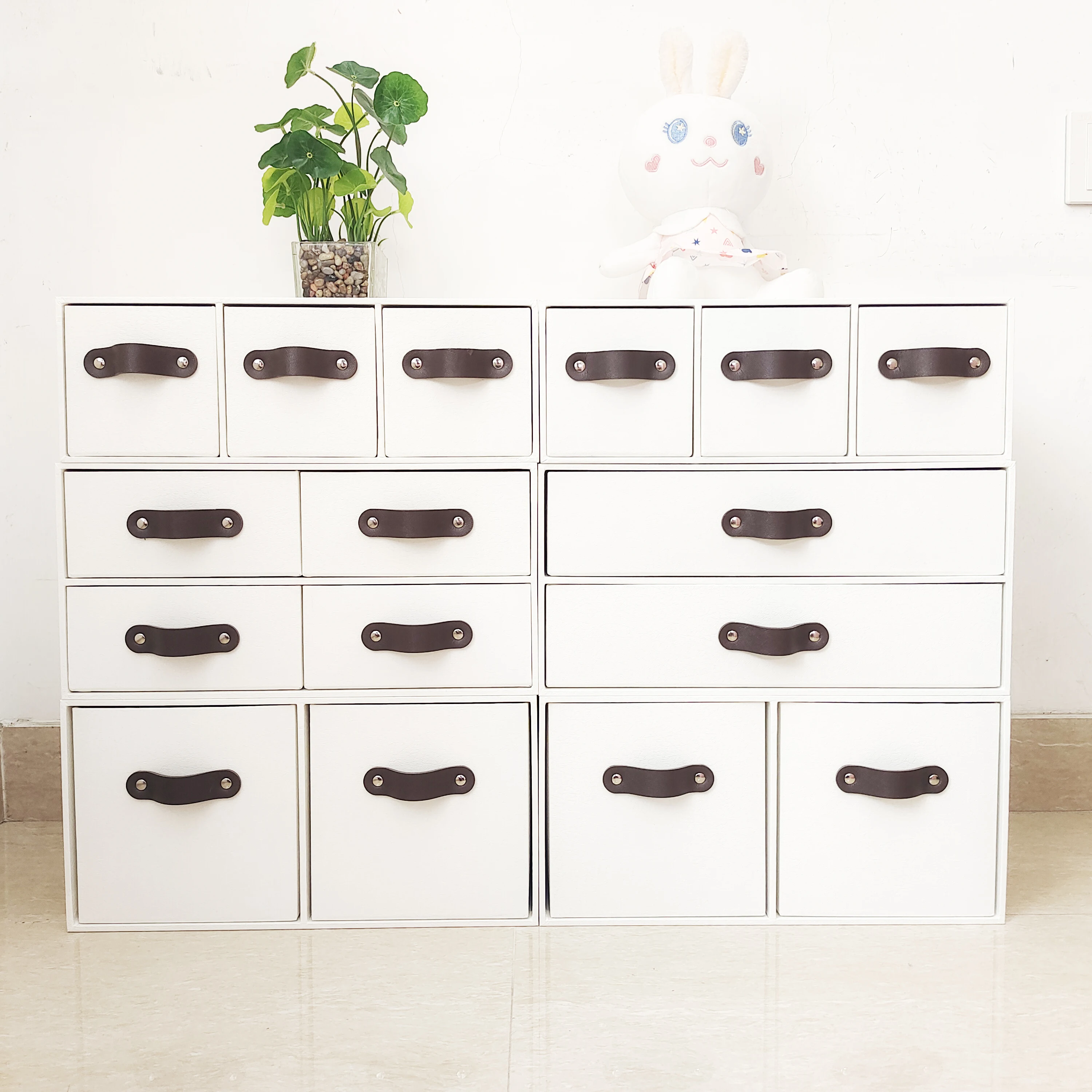 With 4 Drawers Cabinet Cardboard Office Desk Top Organizers Home Storage 2 Layers Cabinet With Leather Handles (1PC)
