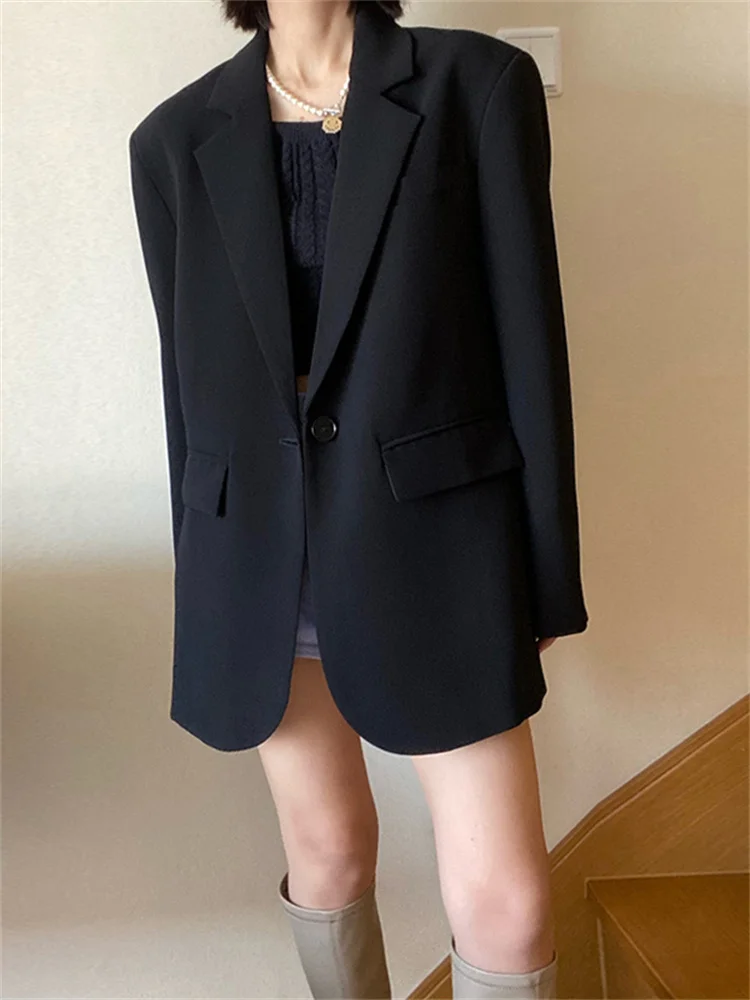 

Женский офисный черный блейзер, куртка с отложным воротником и одной пуговицей, Корейская винтажная облегающая верхняя одежда, Стильные топы