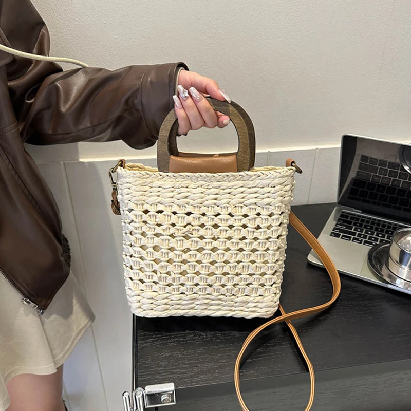 Bohemian Summer Straw Beach Bag Women's Casual Large Capacity Crossbody Handmade Lady Purse with Handle