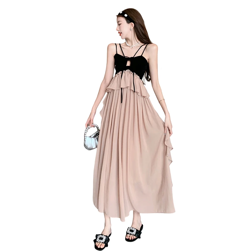 

2023 Dress French Elegant Retro Patchwork Camisole Ruffle Edge Drawstring Personality New Pattern Free Shipping