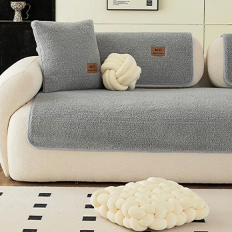 Solid Sherpa Anti-Slip Sofa Cover with PU label Decor for Living Room Coush Seat Cover, Universal Sofa Slipcover Furniture Towel 2