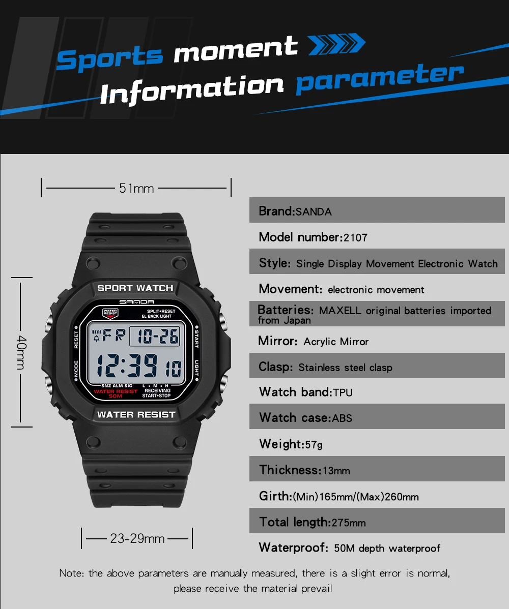 SANDA 2107 Waterproof Luminous Digital Watch Military Sports Men Wristwatch Men's Watches Relogio Masculino relojes para hombre