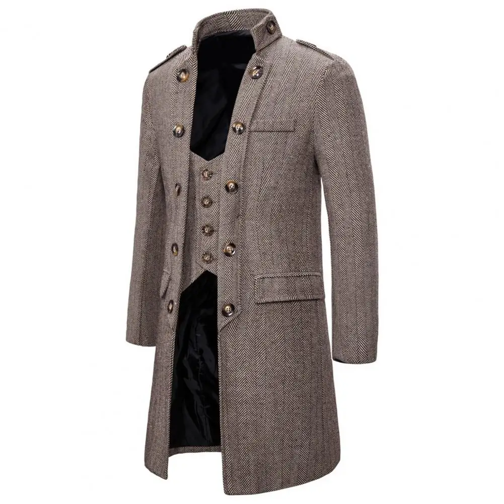 Men Outwear Coat Stand Collar Dressing Washable Fake Two Piece Patchwork Trench Coat Popular