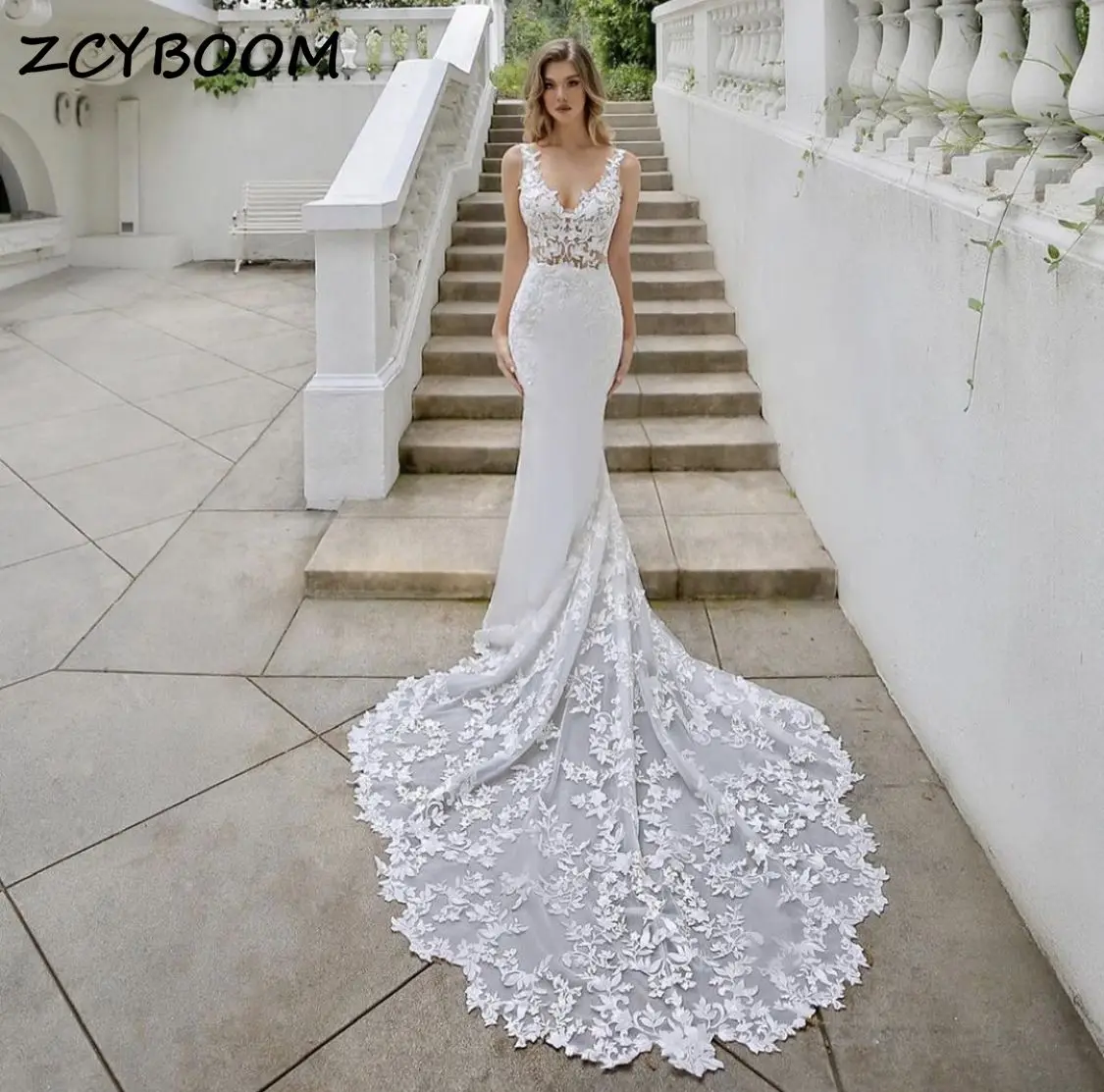 

Modern Lace Satin Spaghetti Strap Backless Mermaid V-neck Wedding Dress For Women 2024 Court Train Bridal Gown Vestido De Noiva