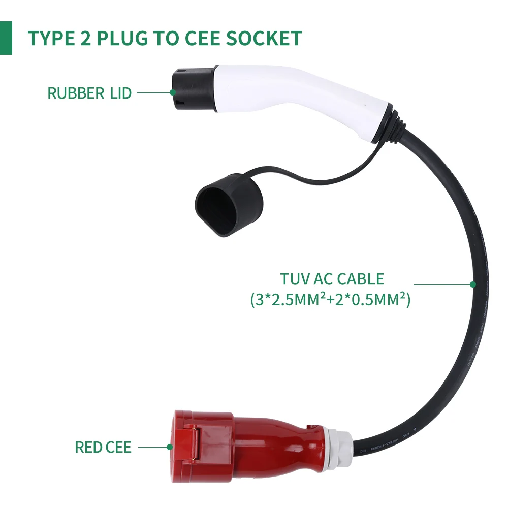 

32A Type 2 Plug To CEE Socket EV Charging Adapter For Portable EV Charger