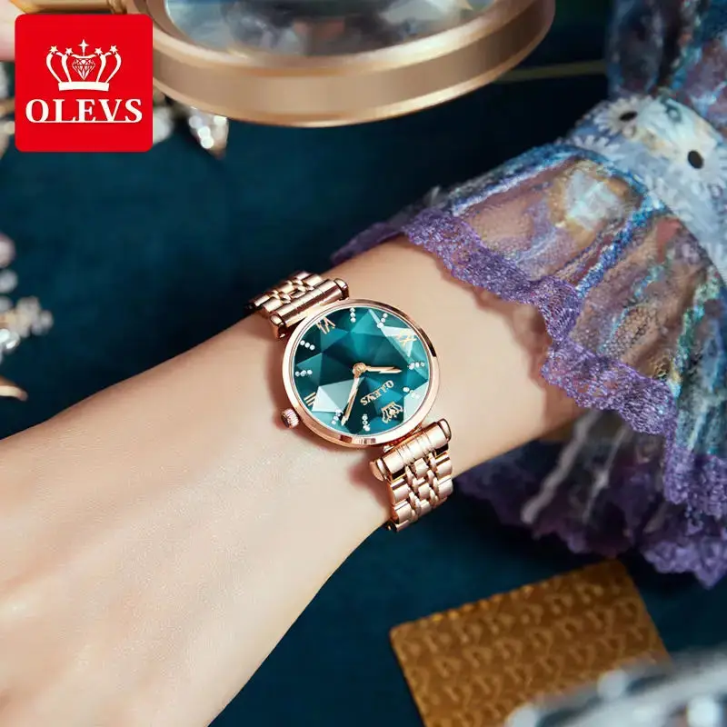 OLEVS Brand Elegant Watch for Women Fashion Luxury Stainless Steel Strap Diamond Mirror Green Dial Waterproof Quartz Wristwatch