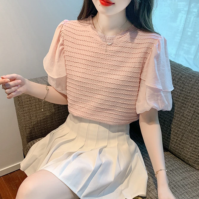 

Women 2024 Summer New Short-sleeved Loose T-shirt Female Solid Color Chiffon T Shirts Ladies O-neck Casual Tops Tees L173