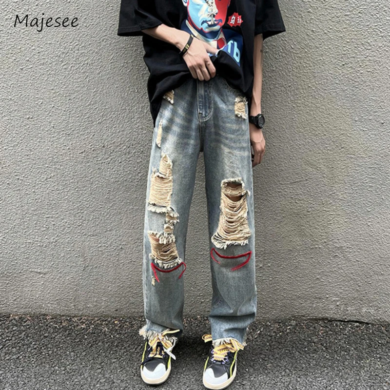 

Джинсы мужские винтажные повседневные, уличные брюки с потертостями и дырками в стиле ретро и американском стиле, уютная жизненная одежда, весна-осень