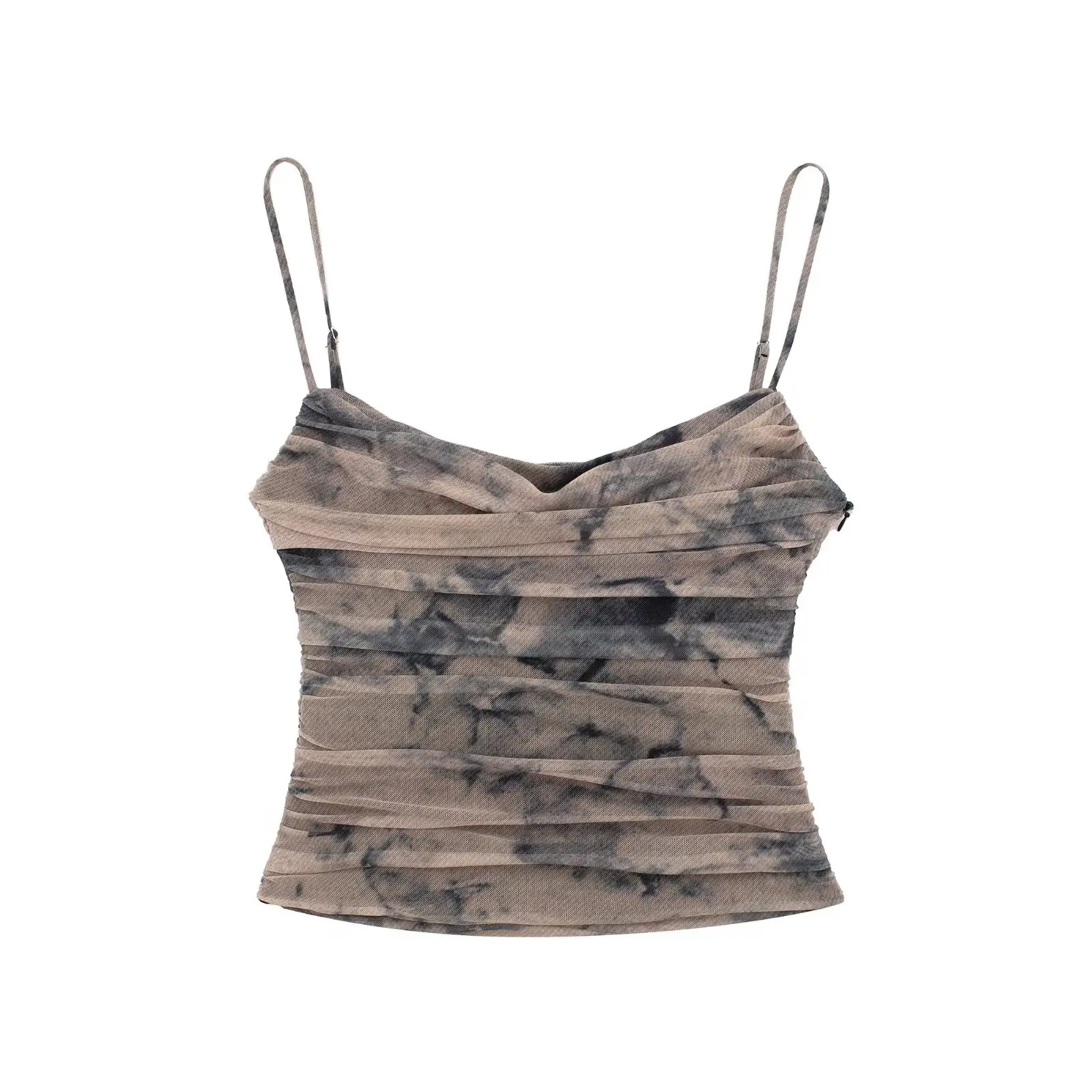 

Women 2023 New Fashion Pleated decoration Tight tulle Print Tops Vintage backless Thin Straps Female Waistcoat Chic Tops