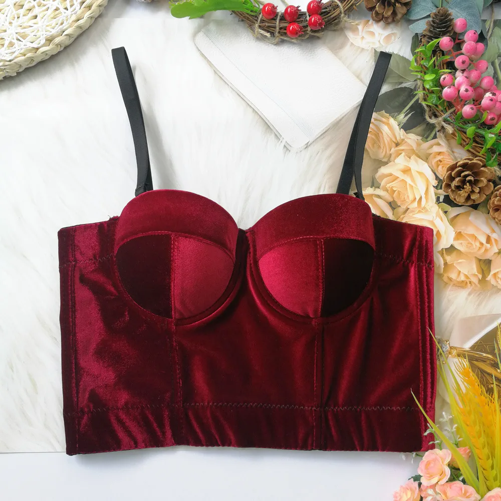 

Women Sexy Crop Tank Top With Cups Femme Off Shoulder Velvet Push Up Bra Shirt Nightclub Short Fishbone Slimming Lingerie Corset