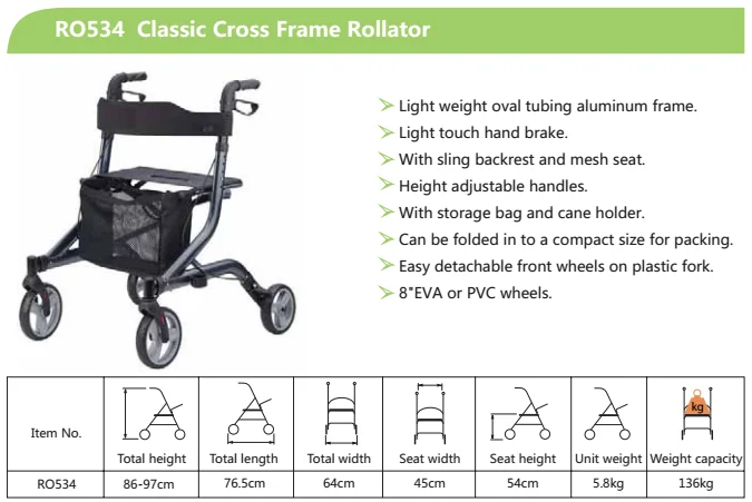RO534 Light Weight Medical Walker Aluminum Cross Frame Rollator With Seat For Elderly People Rollator