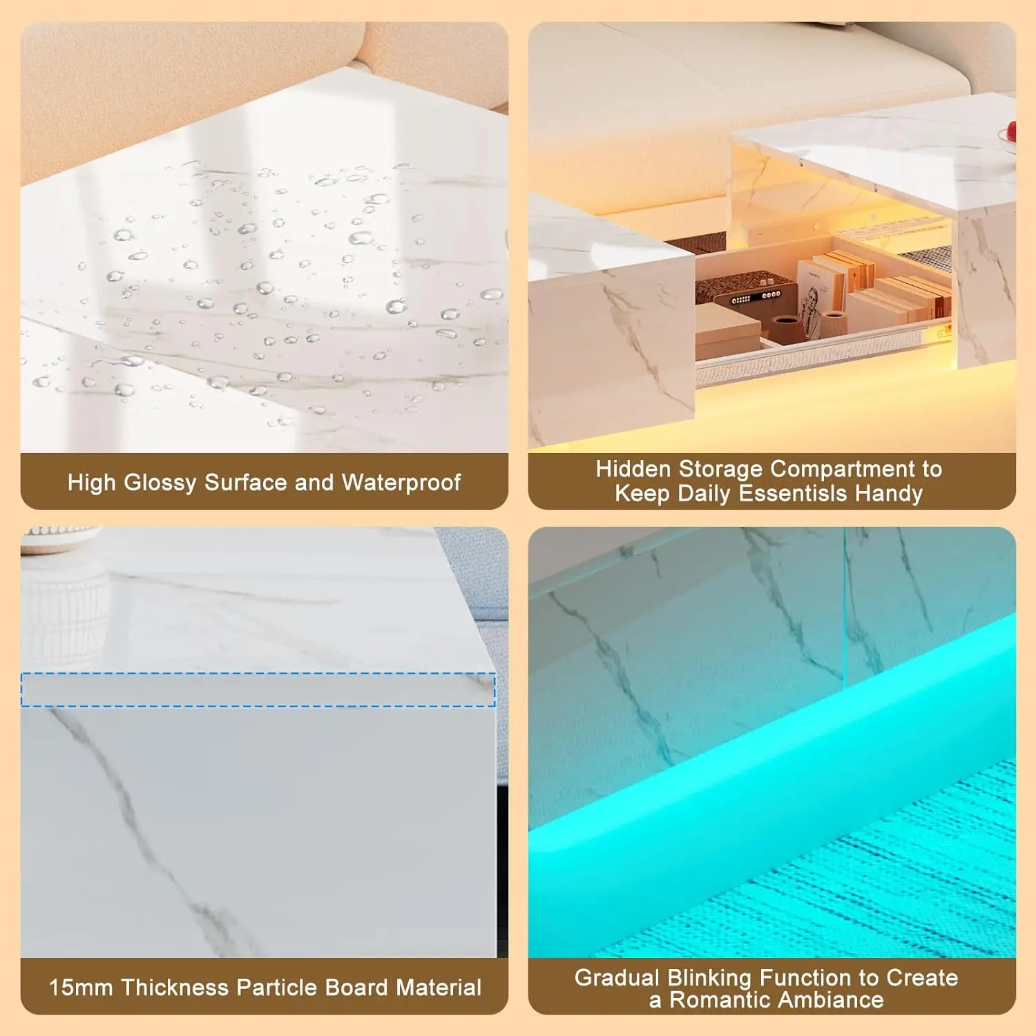 Description Picture 5 of itemFaux Marble Finish Glossy Coffee Table with LED Light, Modern Coffee Table, Led Coffee Tables for Living Room