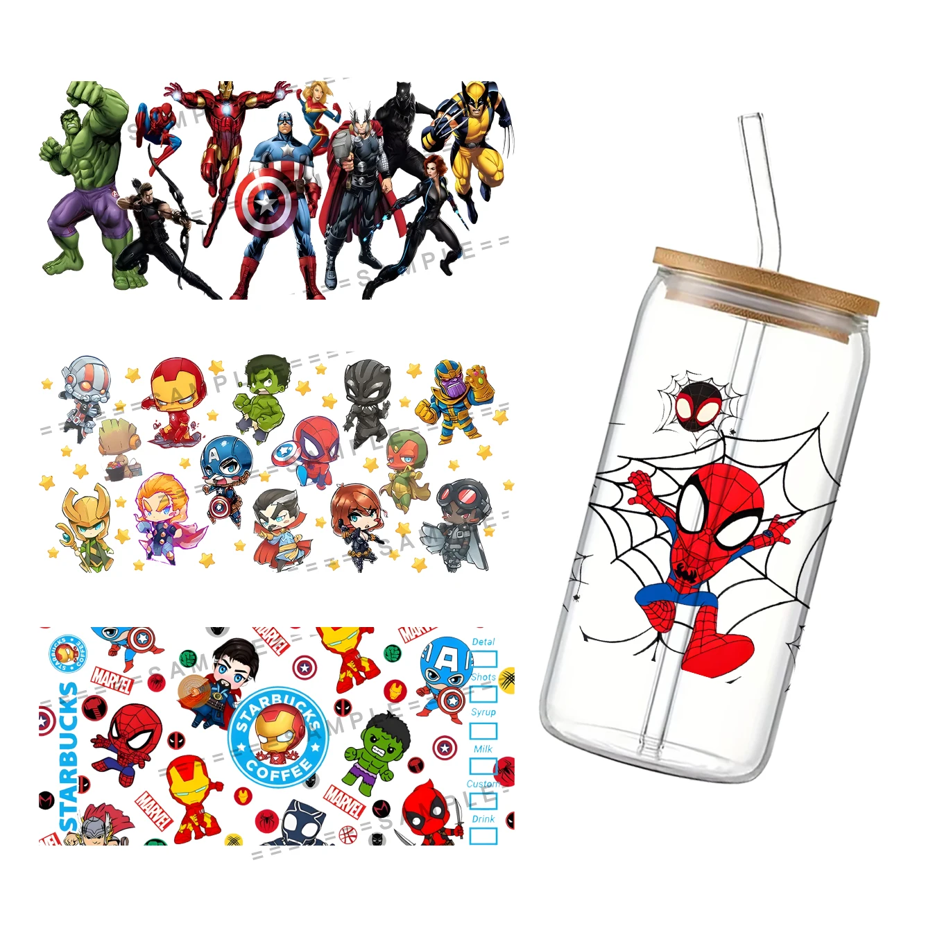 Disney Marvel Iron Man Spider-Man Captain America UV DTF Sticker For 16oz Toys Transfer Sticker Custom Self Adhesive Labels DIY