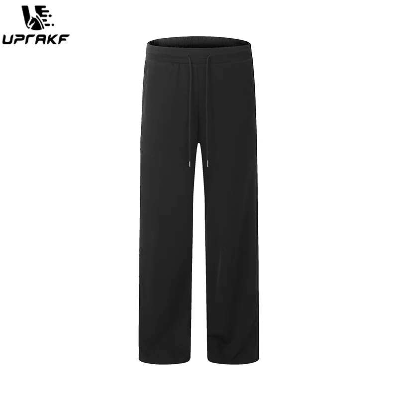 UPRAKF Drawstring Trousers Comfort Casual Streetwear Autumn Pantalones Solid Color Straight-leg Sports Style
