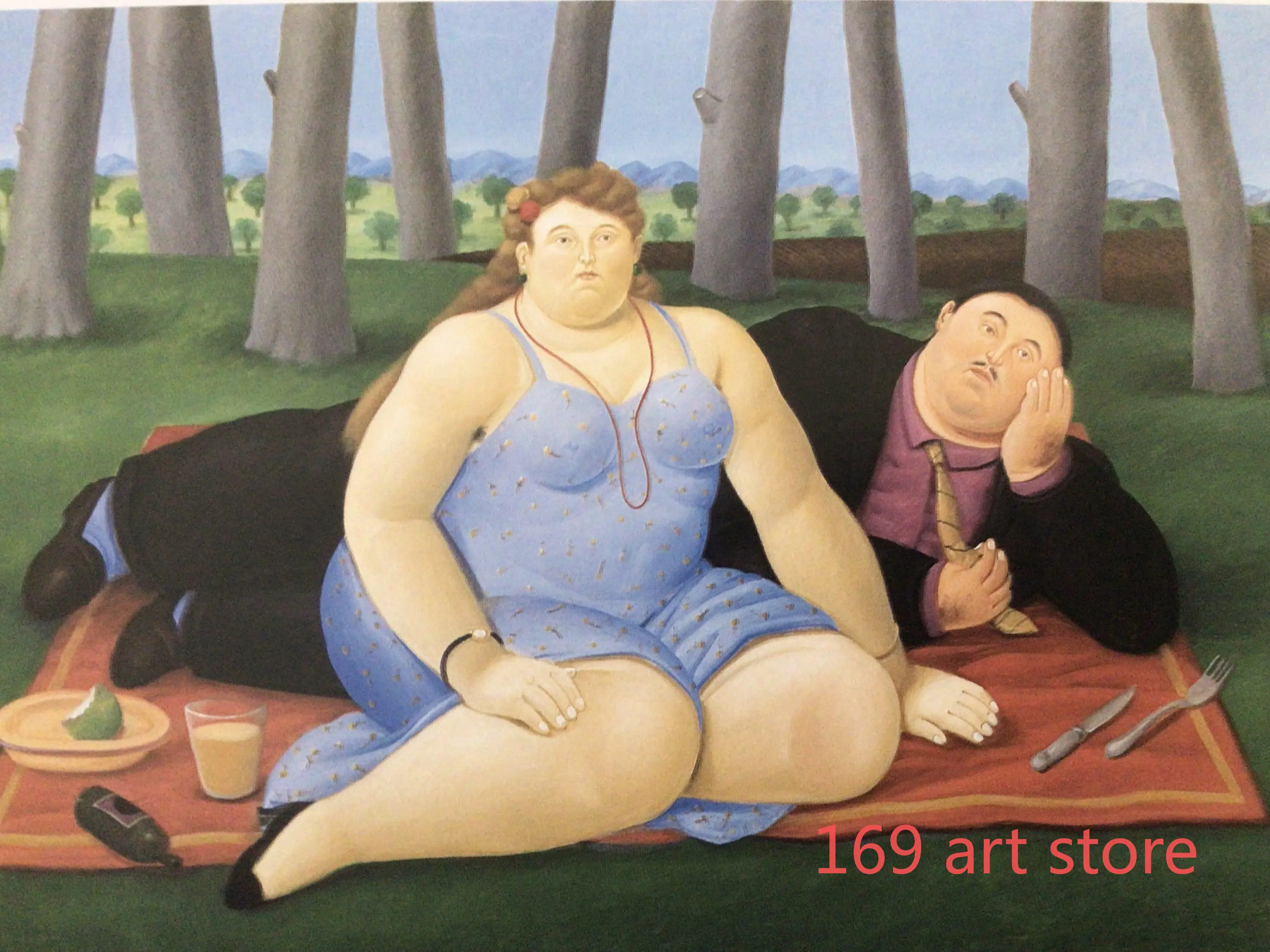 thumbnail image 1 of Divertido retrato de mujer y hombre de Fernando Botero bebiendo jugo, pósteres artísticos, pintura en lienzo, impresiones de pared, imagen para la decoración del hogar de la habitación, 1 of 5