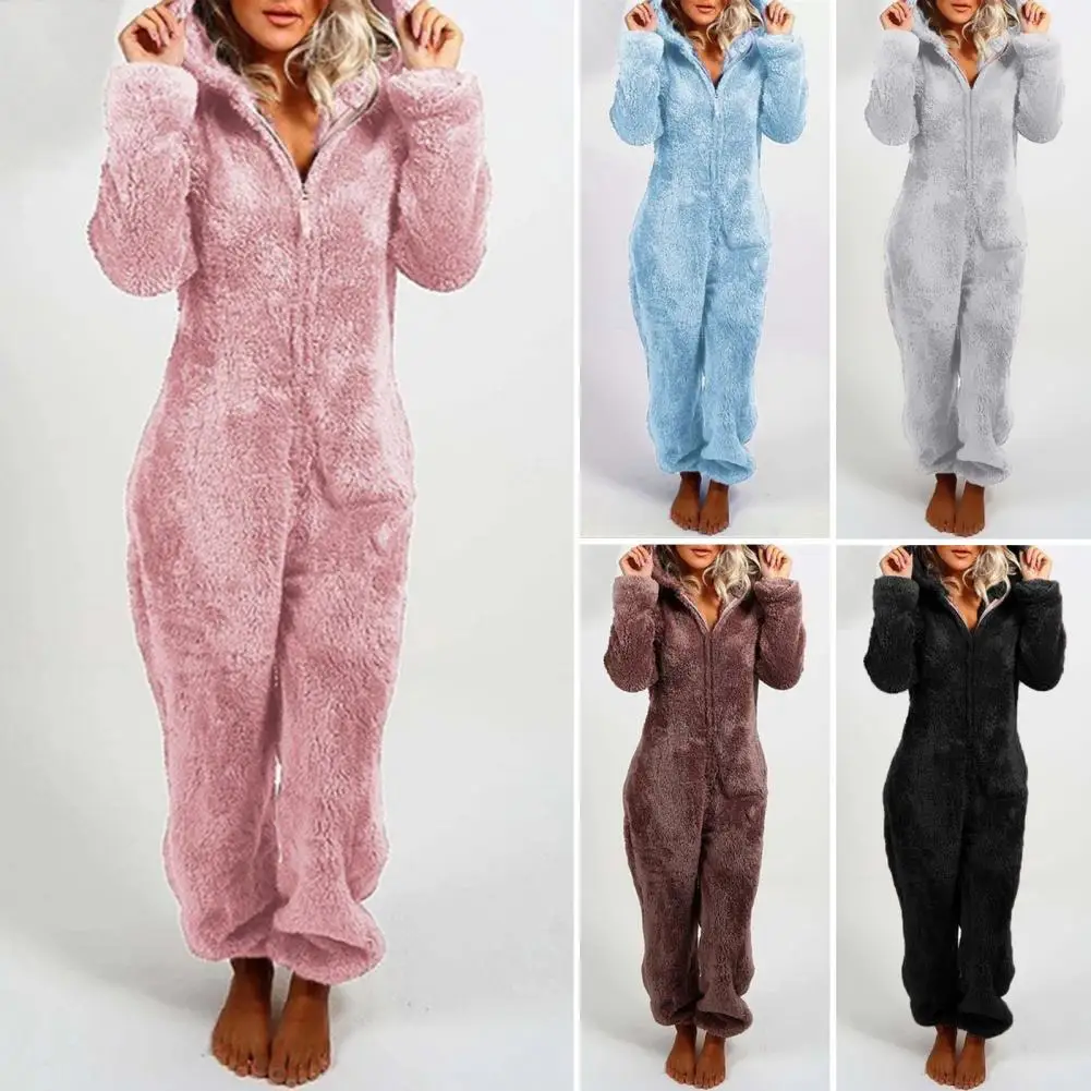 

Women Winter Jumpsuit Pajamas Thick Plush Hooded Solid Color Zipper Closure One Piece Long Sleeve Soft Cozy Ankle-banded Lady Ho