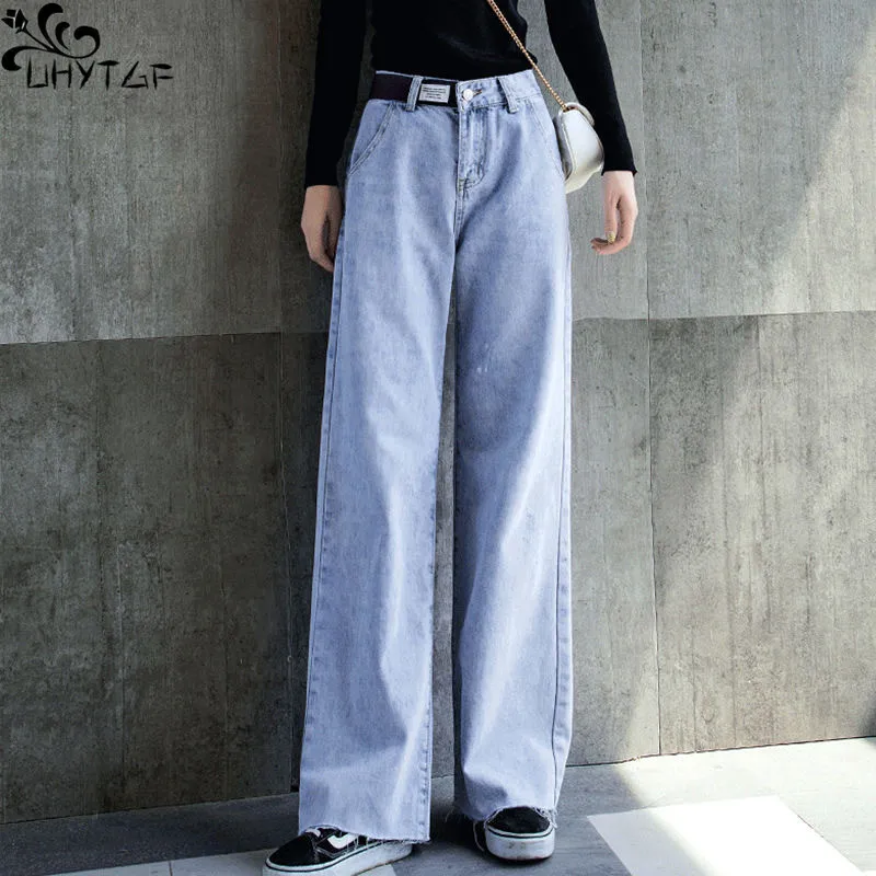 

UHYTGF Jeans Women Spring Autumn New High Waist Wide Leg Loose Straight Leg Scratch Marks Raw Edge Female Denim Nine-Point Pants