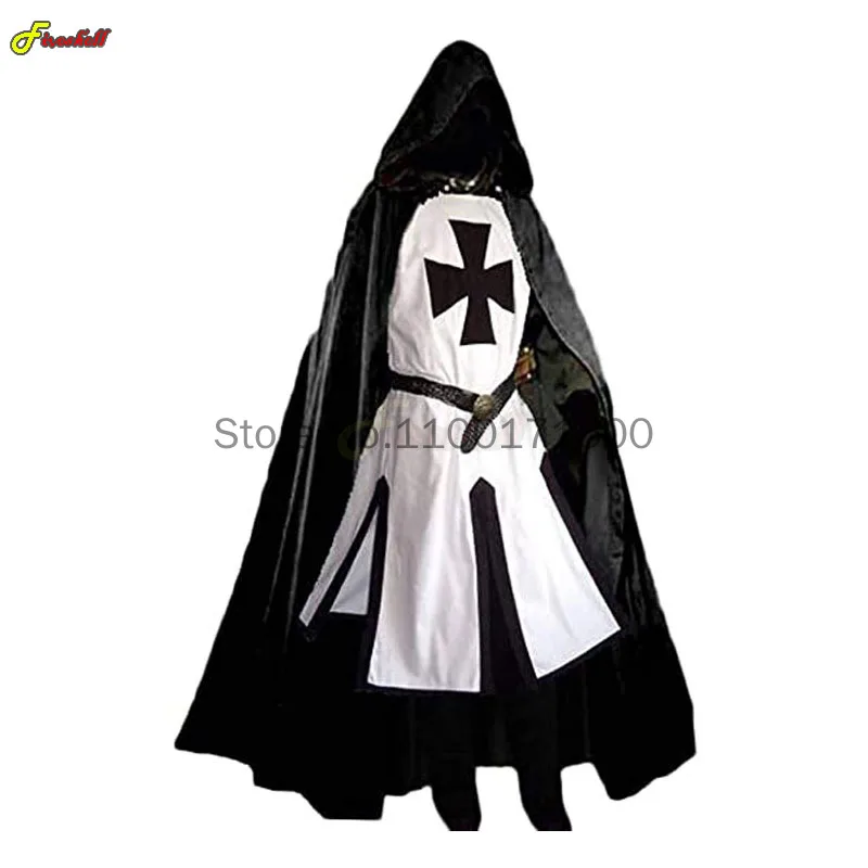 Medieval Prince Costume Mens Medieval Crusader Knights Templar Tunic Cosplay Costumes Renaissance Halloween Surcoat Warrior Black Plague Cloak Top