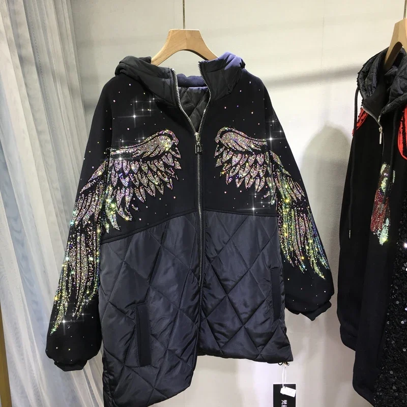 

Thicken Quilted Women Cotton-padded Coat Streetwear Hot Drilling Wings Hooded Parkas Mid-long Autumn Winter Loose Wadded Jacket