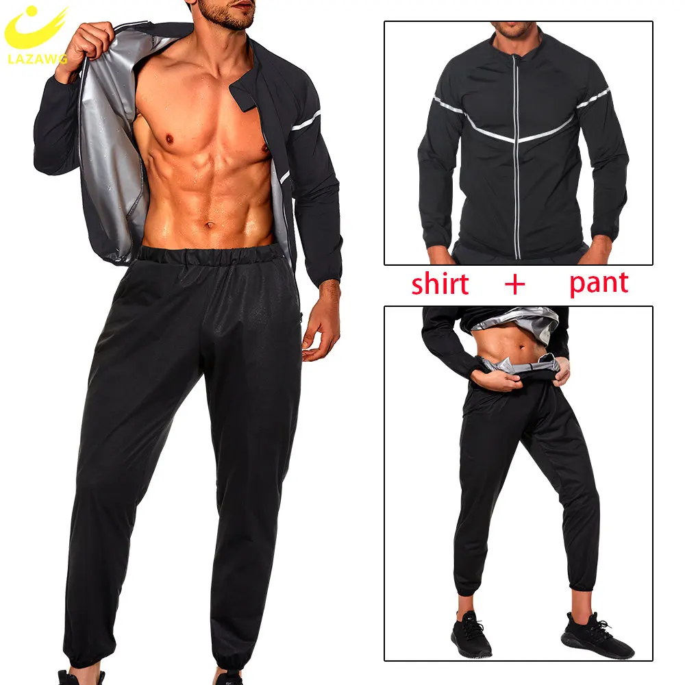 LAZAWG Sauna Suit for Men Sweat Leggings Pants Weight Loss Set Jacket Workout Slimming Top Trousers Body Shaper Fat Burner Gym 2pc пот сауна рукава рукава тела shaper тонкие руки термо жир burner похудение