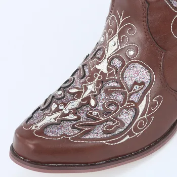 Vintage Brilliant Sequin Rhinestone Heel Boots Punk Winter Warm Fleece Chunky Western Cowboy Women's Boots PU Leather Long Boats 6