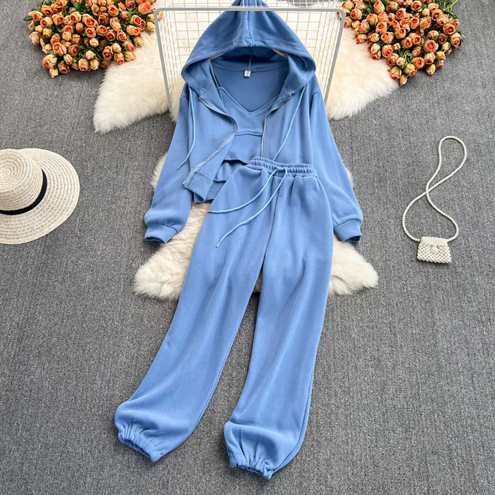 

Korean Style New Sweatshirt Suit Hooded Sweatshirt Coat + Sleeveless Vest + High Waist Casual Sports Pants Three-Piece Sets