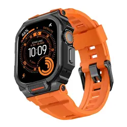 Rugged Silicone Strap with Protective Metal Bumper Cover for Iwatch 46mm (Black Orange)