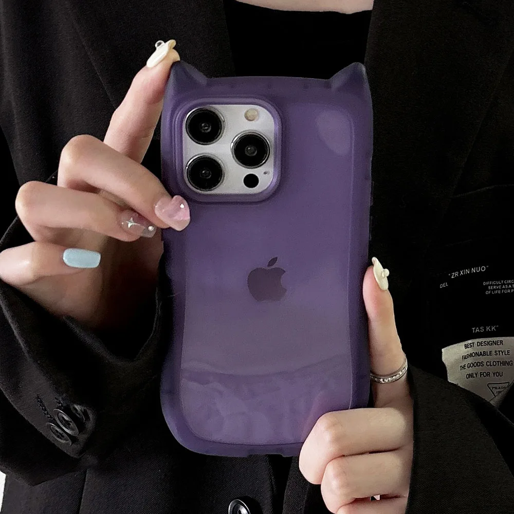 3D Cute Cartoon Cat Ears Shockproof Phone Case - Transparent Soft Matte Shell