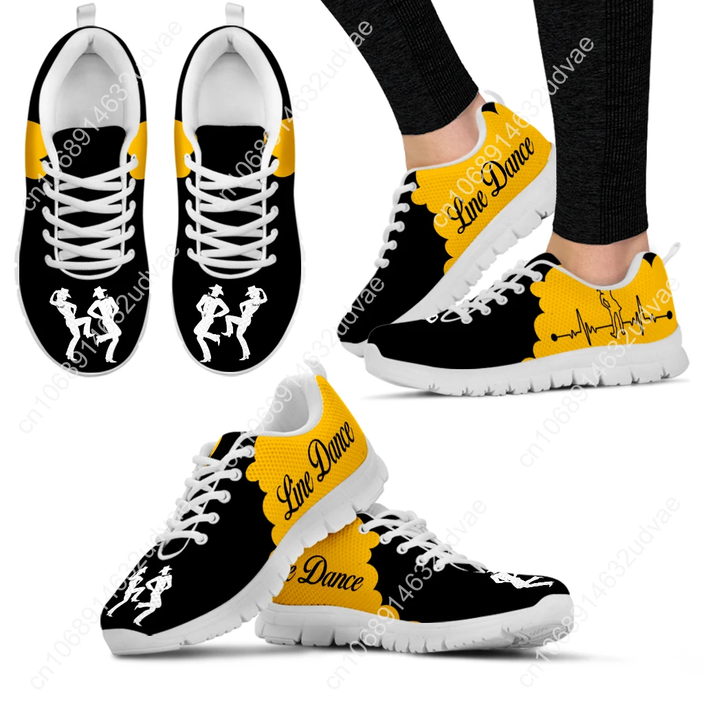 Yellow And Black Color Contrast Design Line Dance Sneakers Comfortable Breathable Shoes Knitted Shoes Zapatos Planos